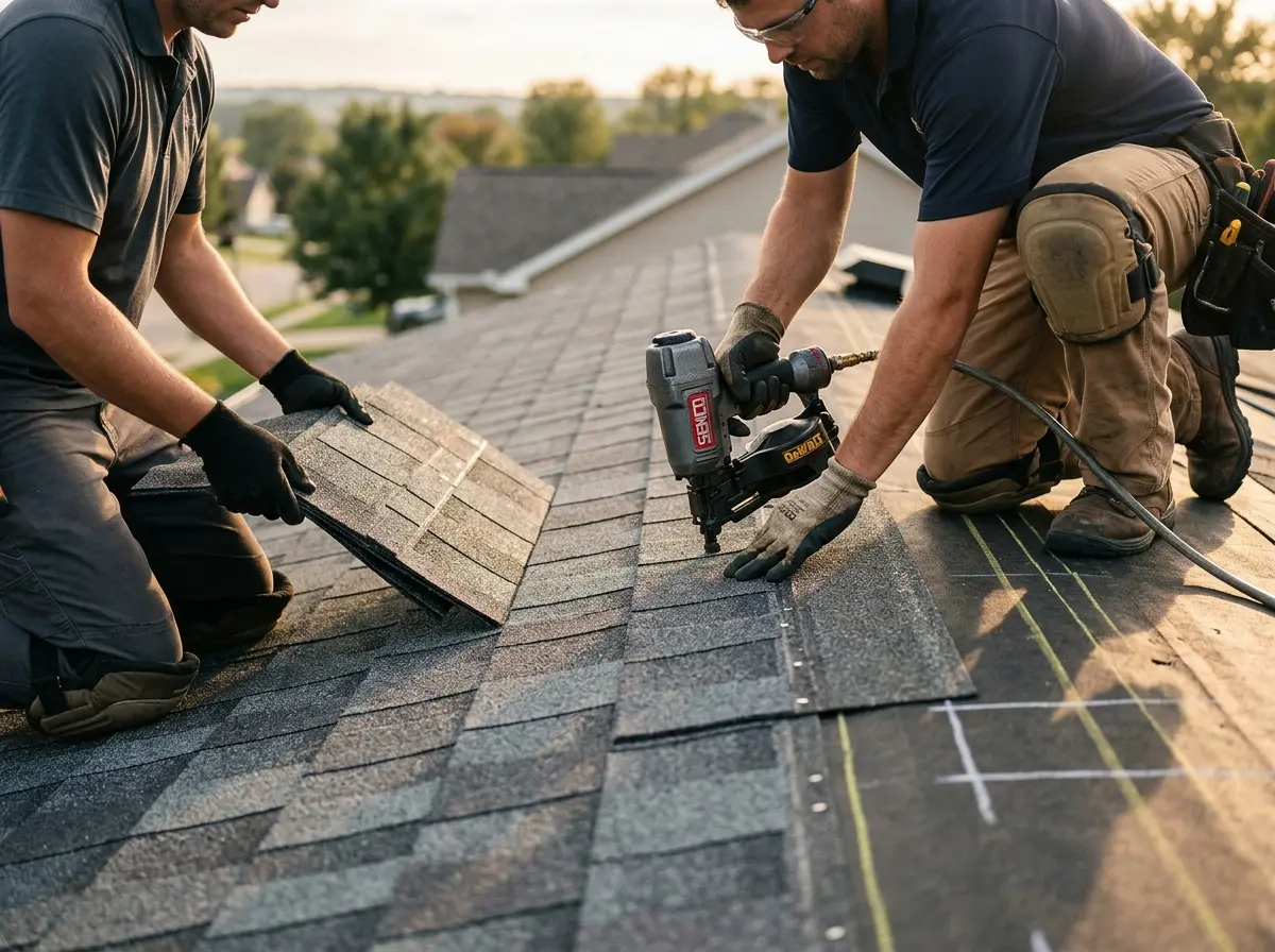 Professional roofer working on a residential roof in Williamsville